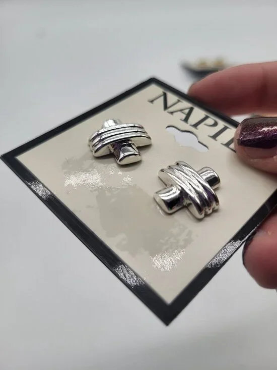 Napier Silver Tone Cross X Stud Earrings Minimal Classic - Picture 4 of 4